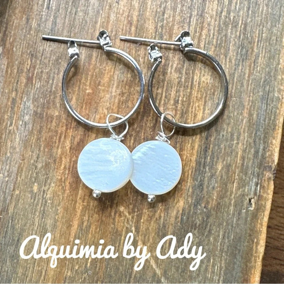 Alquimia Silver Hoop Earrings with White Accents - Picture 1 of 1